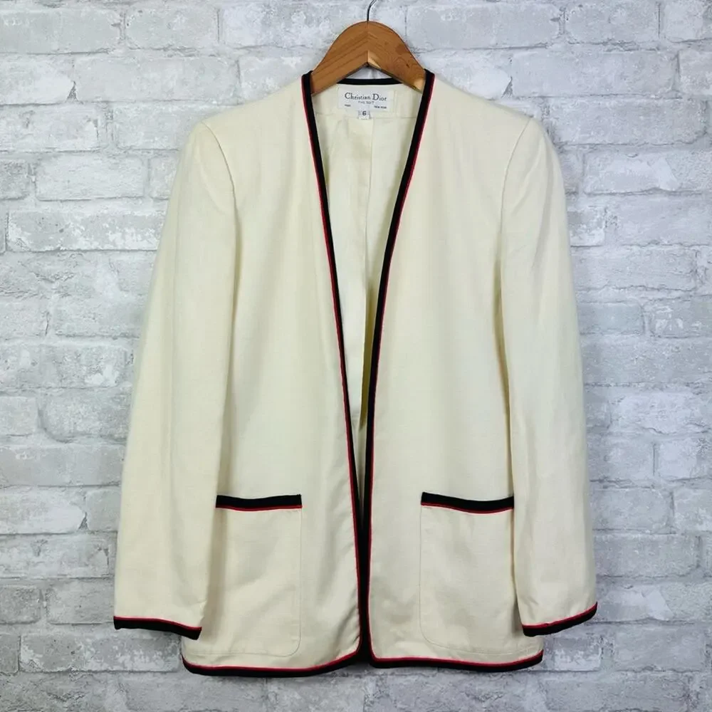 Vintage Christian Dior Linen Blend Jacket Size 6 Cream Black Red Classic Prep